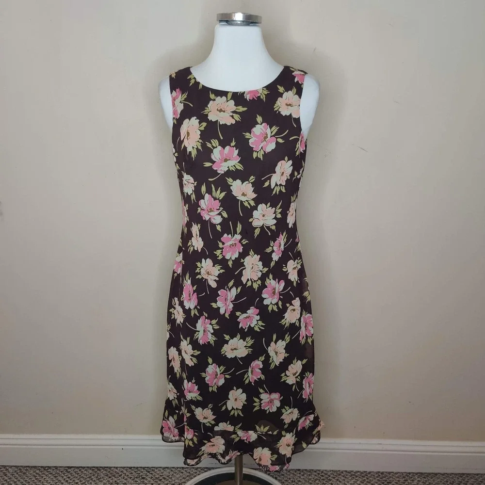 LOFT Floral‎ Dress Sleeveless Ruffled Hem Brown Pink